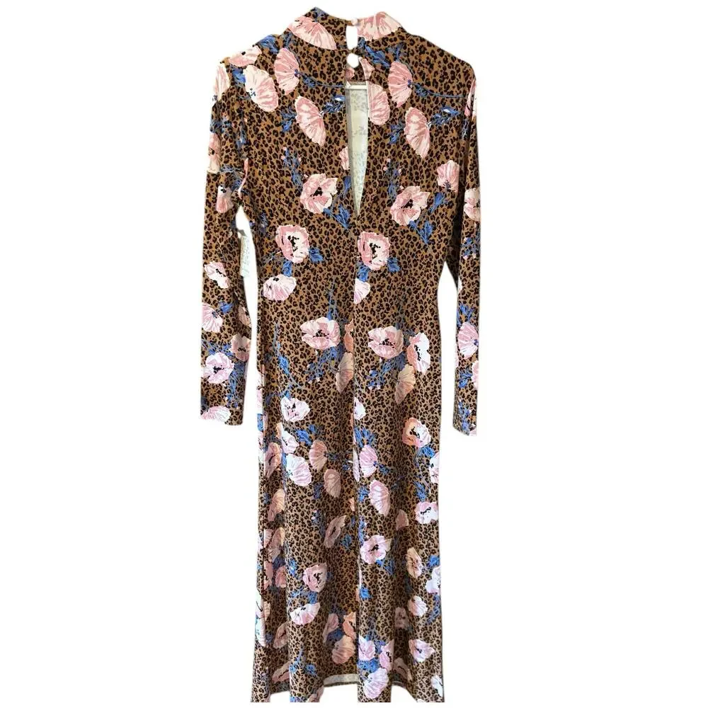Free People Retro Romance Molly Dress Small Mock Neck Leopard Floral Maxi NWT‎